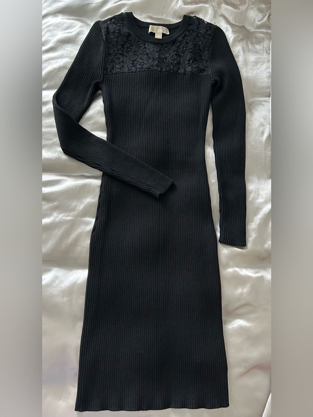 Michael Kors Black Long-Sleeve Ribbed Knit Dress with Lace Yoke